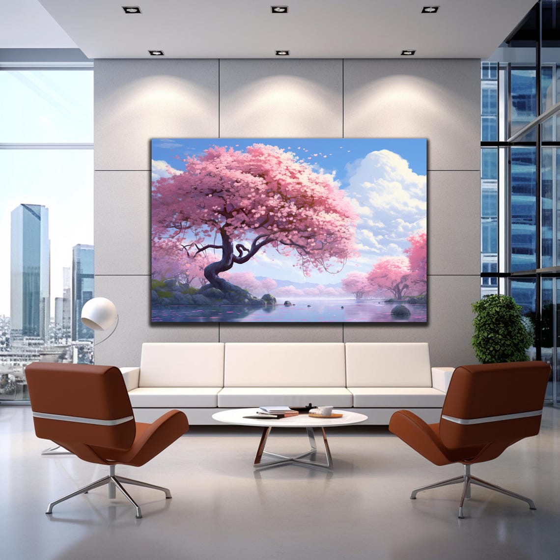 Cherry Blossom Tree Lake Blue Sky Spring Anime Style Landscape Poster - Image 3