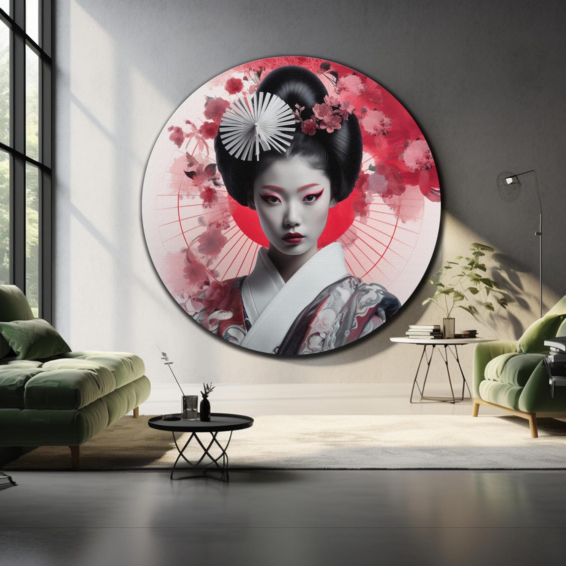 Geisha Portrait Round Pink Blossom Kimono Elegant Wall Art Poster - Image 4