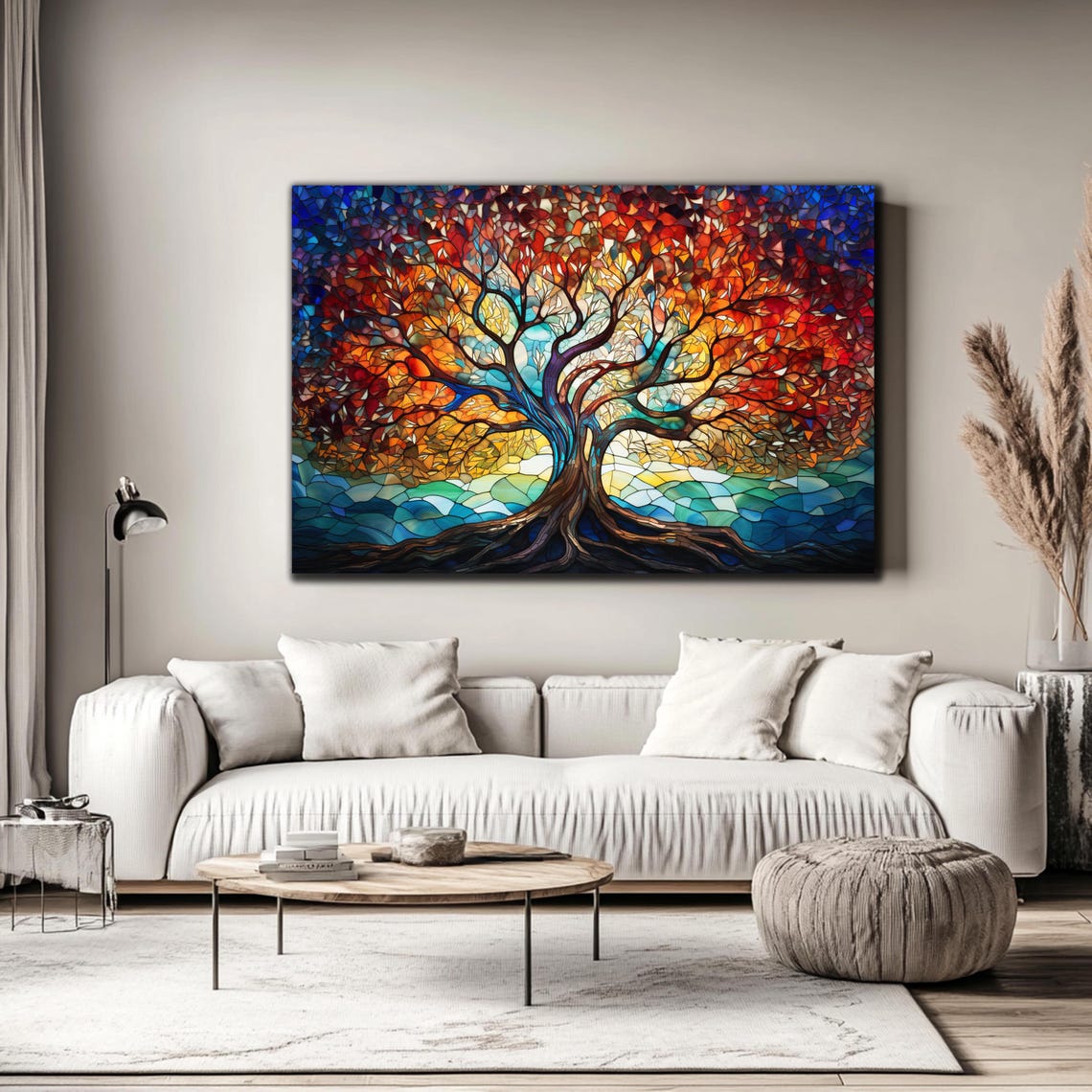 Tree of Life Stained Glass Mosaic Red Blue Fiery Canopy Wall Art - Image 4