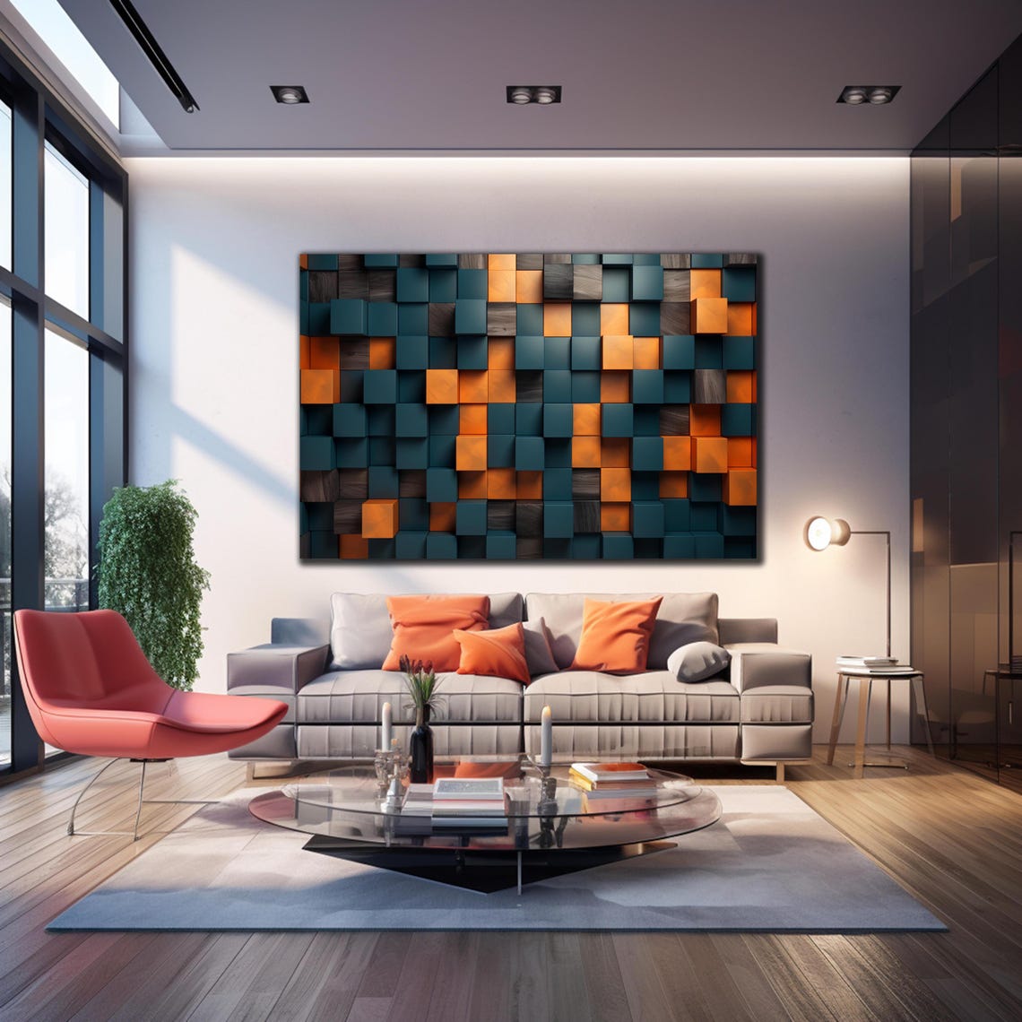 Dark Teal Bright Orange 3D Wooden Cube Block Abstract Wall Art - Image 4