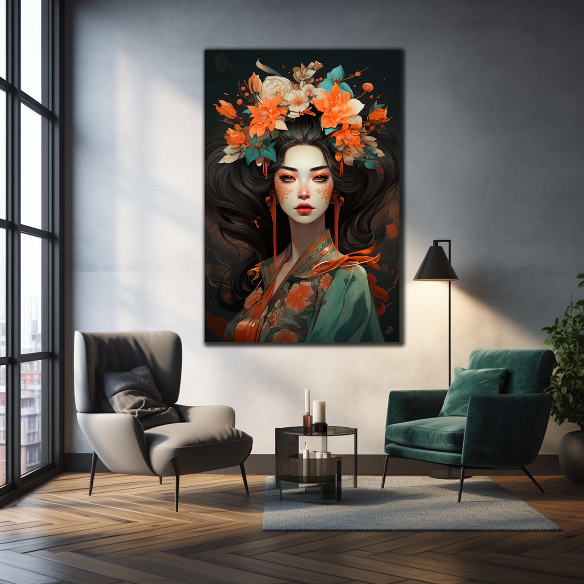 Orange Floral Crown Portrait Green Silk Kimono Dreamy Art Wall Poster - Image 2