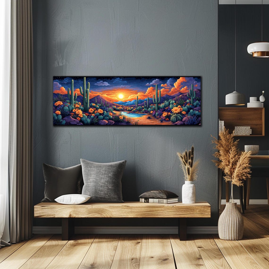 Blooming Desert Sunset Saguaro Cacti Wildflowers Pond Panoramic Poster - Image 2