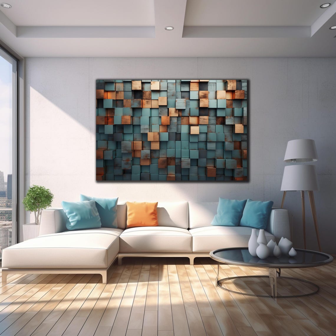 Geometric Wood Cube 3D Teal Copper Abstract Wall Blocks Art Print - Image 3