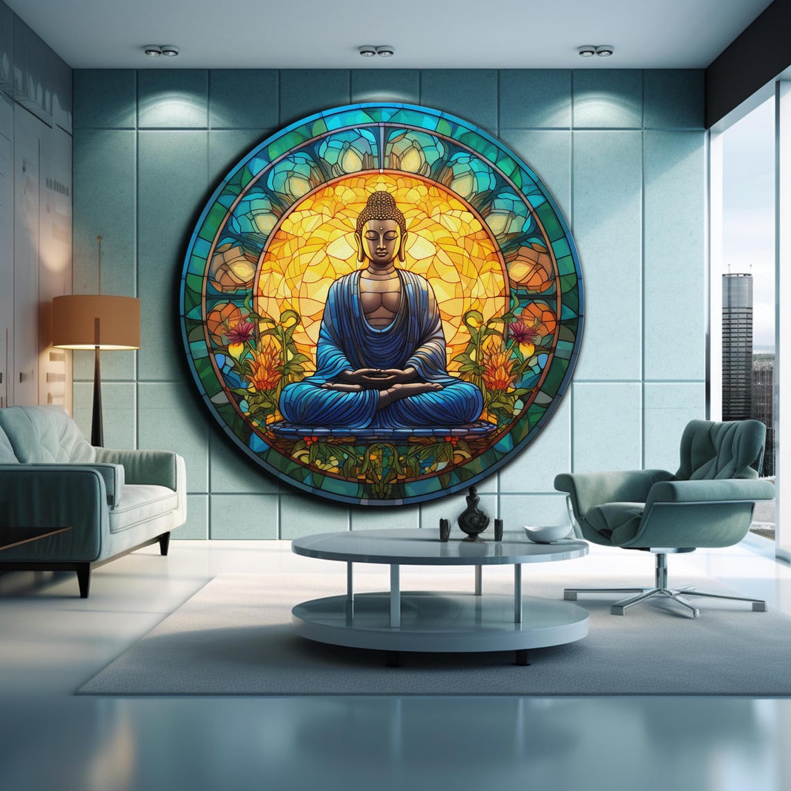 Buddha Blue Robe Stained Glass Golden Halo Lotus Flower Wall Art - Image 2