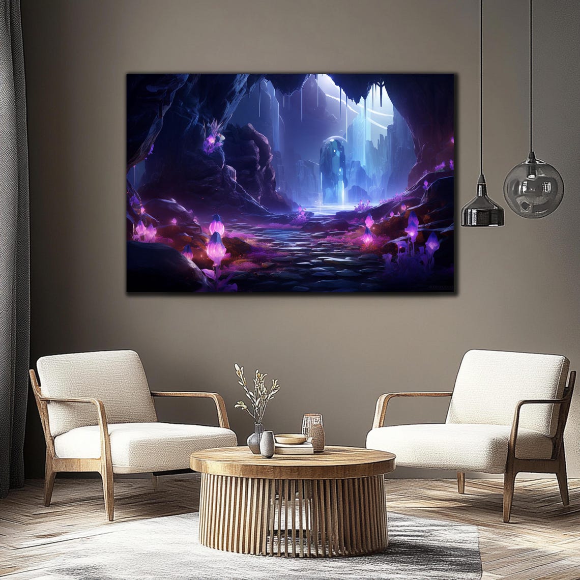 Purple Crystal Cave Glowing Waterfall Pink Blooms Fantasy Art Print - Image 3