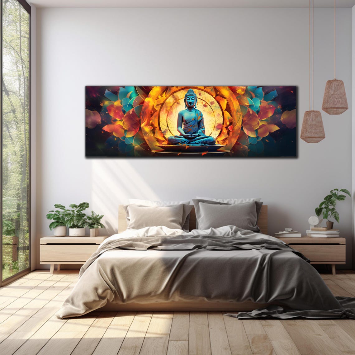 Blue Buddha Fiery Mandala Halo Floating Lotus Panoramic Wall Art - Image 3