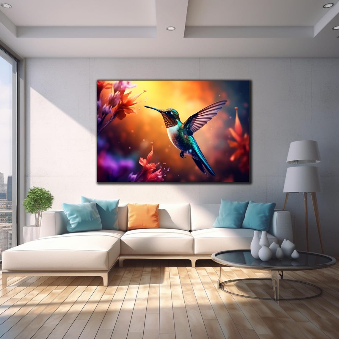 Iridescent Hummingbird Golden Sunset Orange Flowers Flight Poster - Image 4