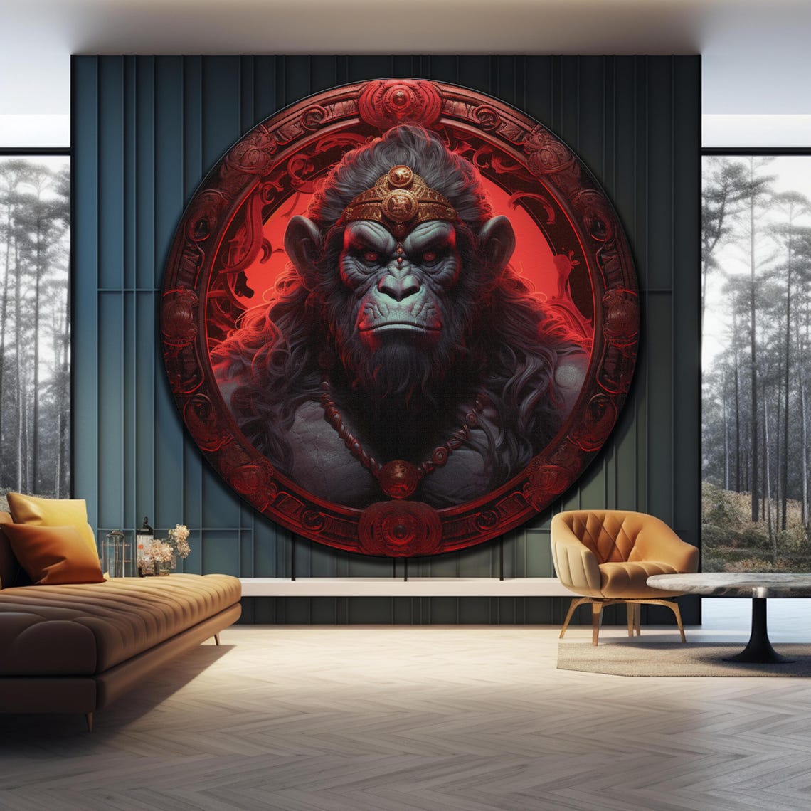 Hanuman Fierce Red Eyes Golden Crown Hindu God Round Wall Art - Image 4