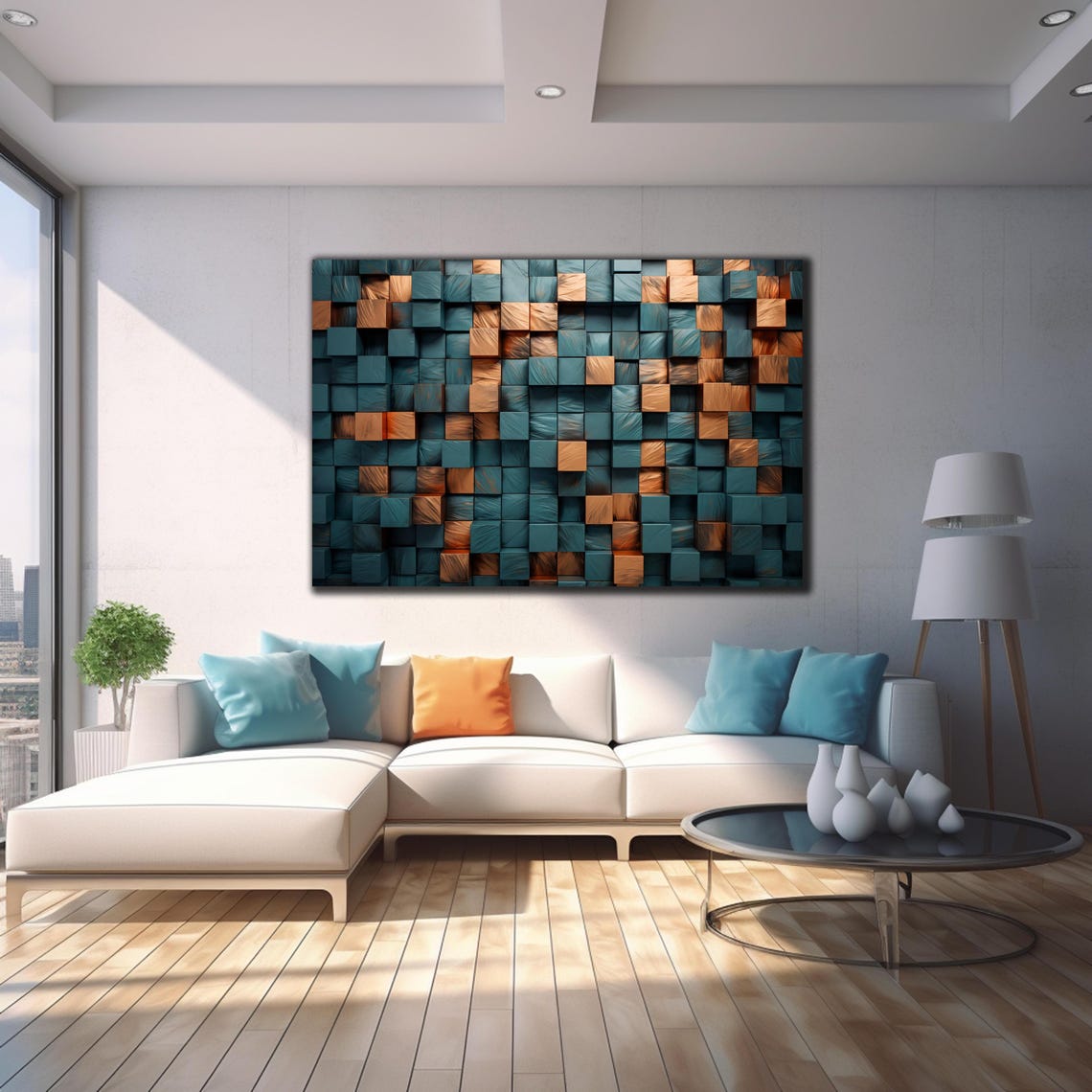 Teal Blue Copper 3D Wooden Cube Blocks Abstract Modern Wall Art - Image 4