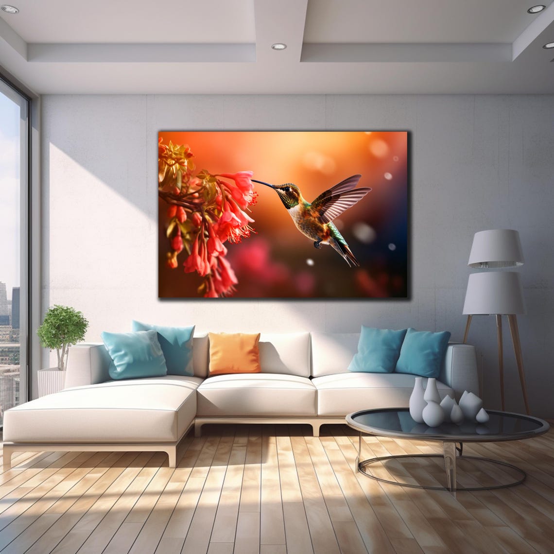 Bronze Hummingbird Red Trumpet Blooms Golden Bokeh Nature Poster - Image 4