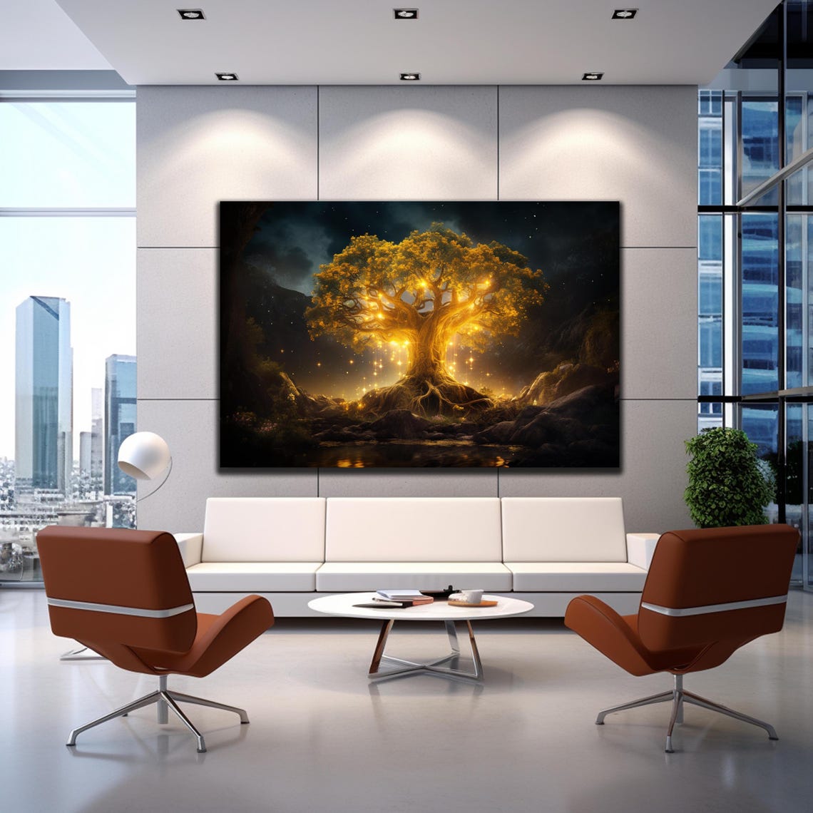 Golden Tree Night Glowing Canopy Enchanted Forest Magic Wall Art - Image 2