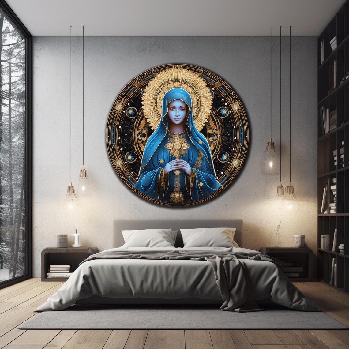 Virgin Mary Blue Veil Golden Starburst Halo Prayer Round Wall Art - Image 3