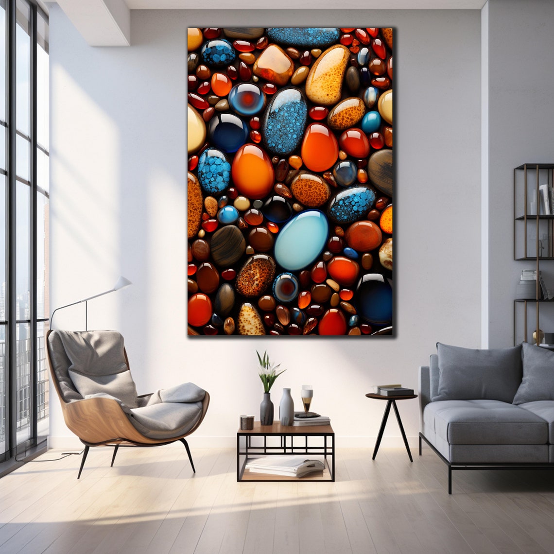 Glossy River Stones Orange Blue Red Dark Background Art Wall Poster - Image 2