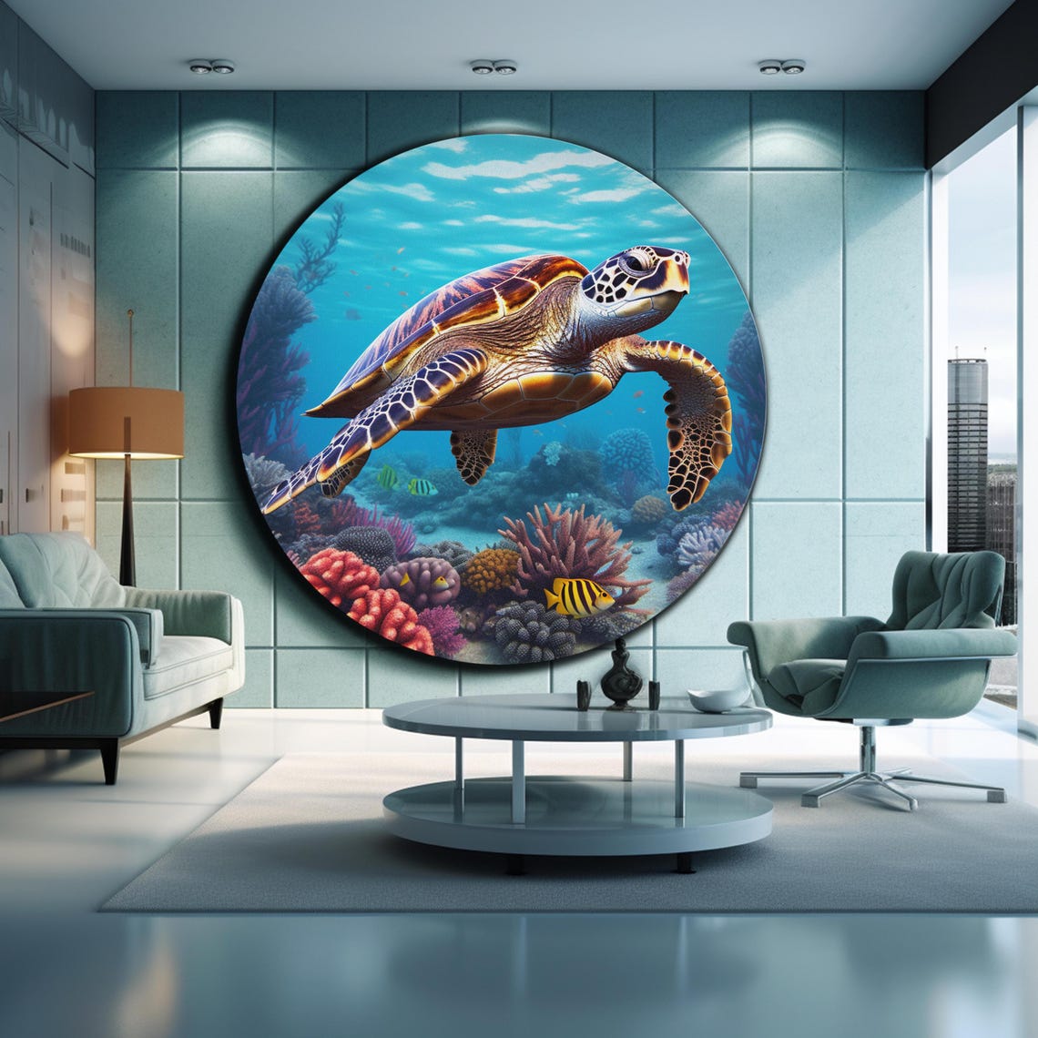 Hawksbill Sea Turtle Gliding Coral Reef Blue Ocean Round Wall Art - Image 2