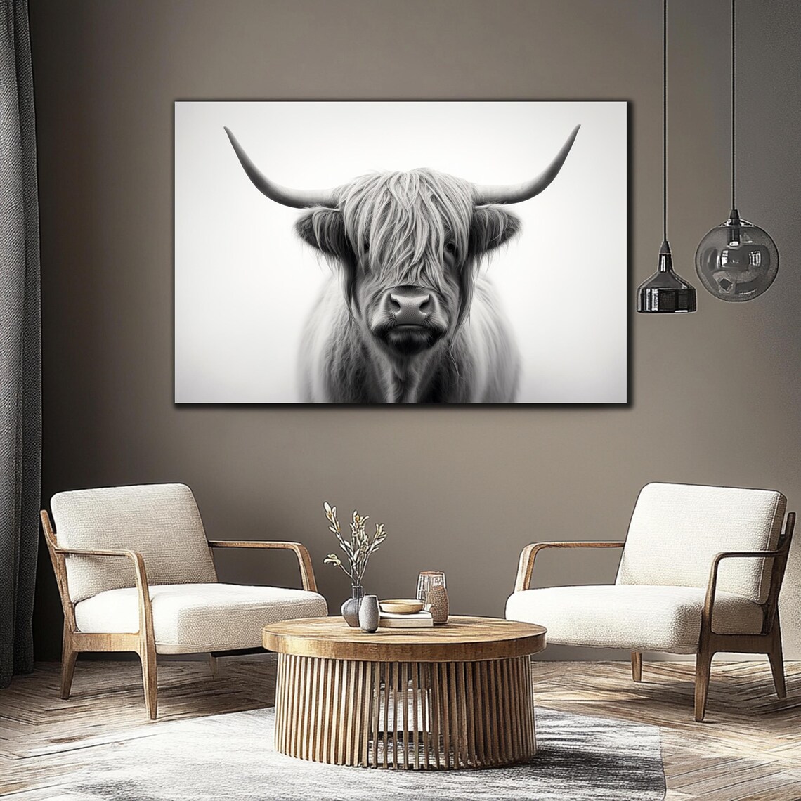 Scottish Highland Cow Black and White Portrait Animal Wall Art Poster - Image 4