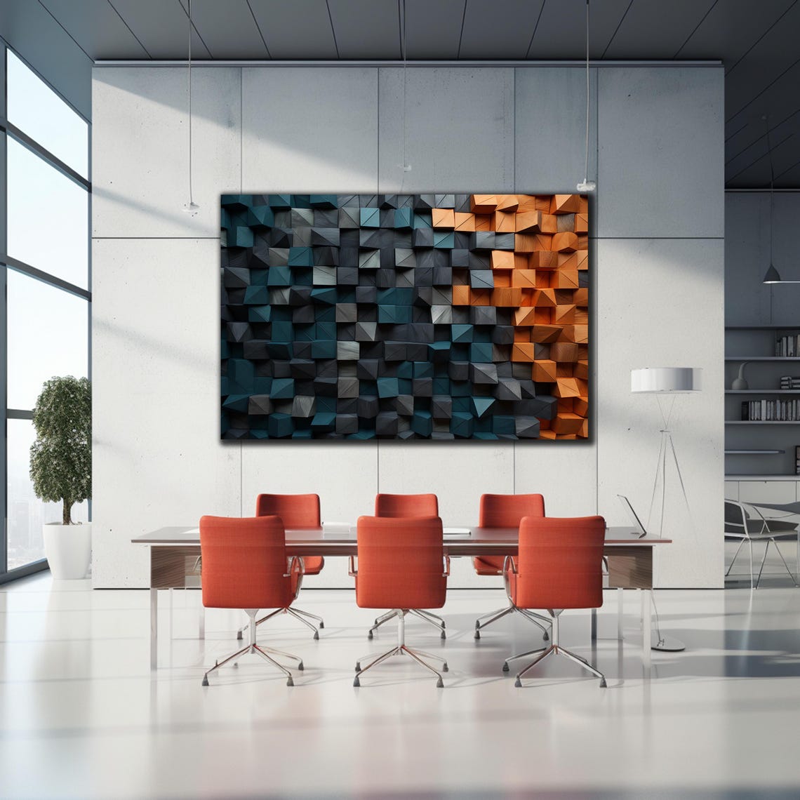 Dark Teal Graphite Orange Faceted 3D Cube Blocks Modern Wall Art - Image 2