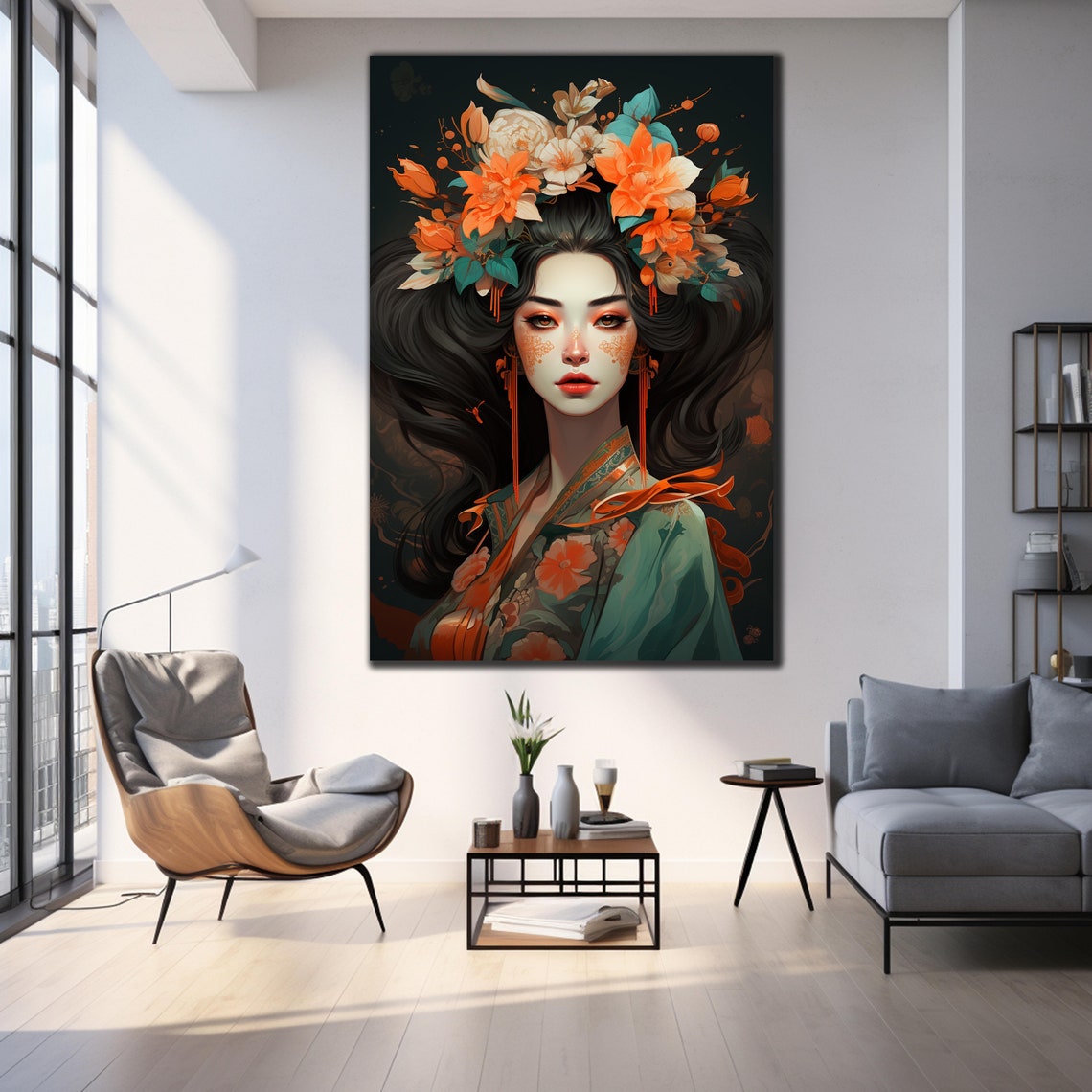 Orange Floral Crown Portrait Green Silk Kimono Dreamy Art Wall Poster - Image 3
