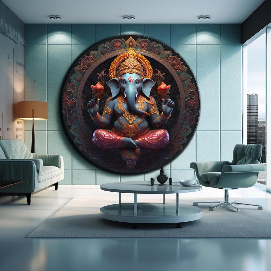 Blue Ganesha Mandala Round Gold Crown Hindu Deity Wall Art Poster - Image 2