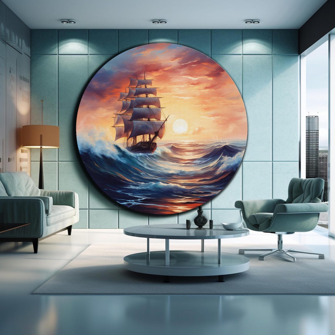 Tall Ship Stormy Sunset Full Sails Ocean Waves Round Glass Wall Art - Image 2