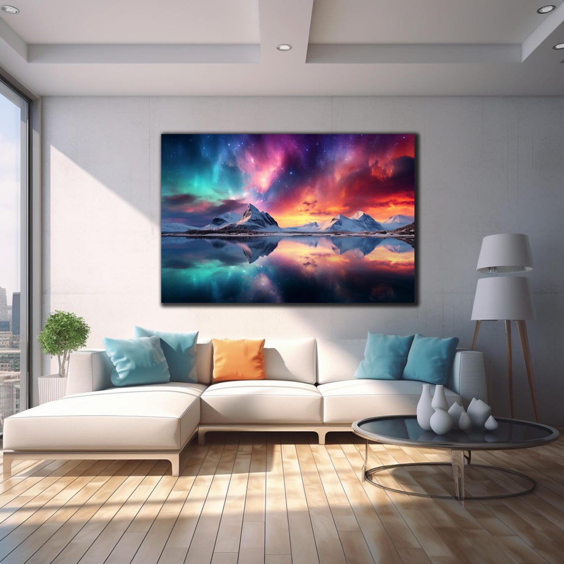 Northern Lights Snowy Mountains Lake Reflection Vivid Aurora Poster - Image 4