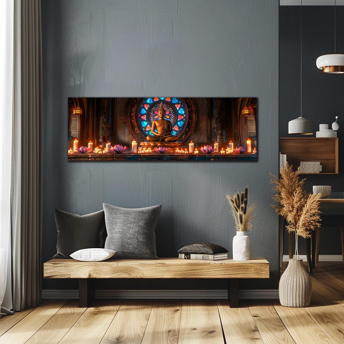 Buddha Temple Altar Candles Lotus Rose Window Panoramic Wall Art - Image 2