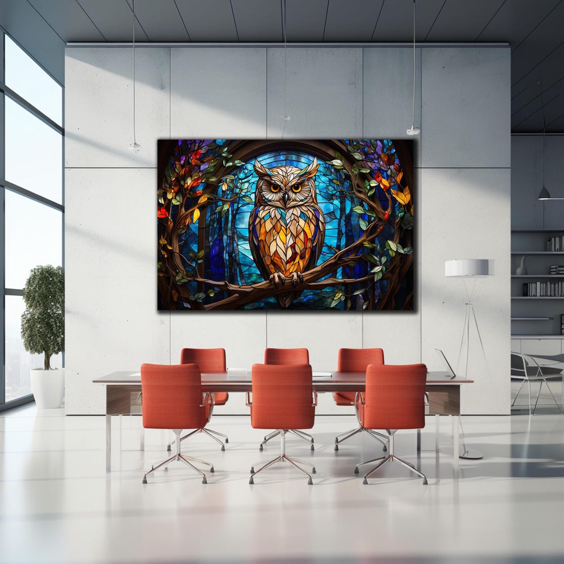 Stained Glass White Owl Arched Window Colorful Leaves Night Poster - Image 2