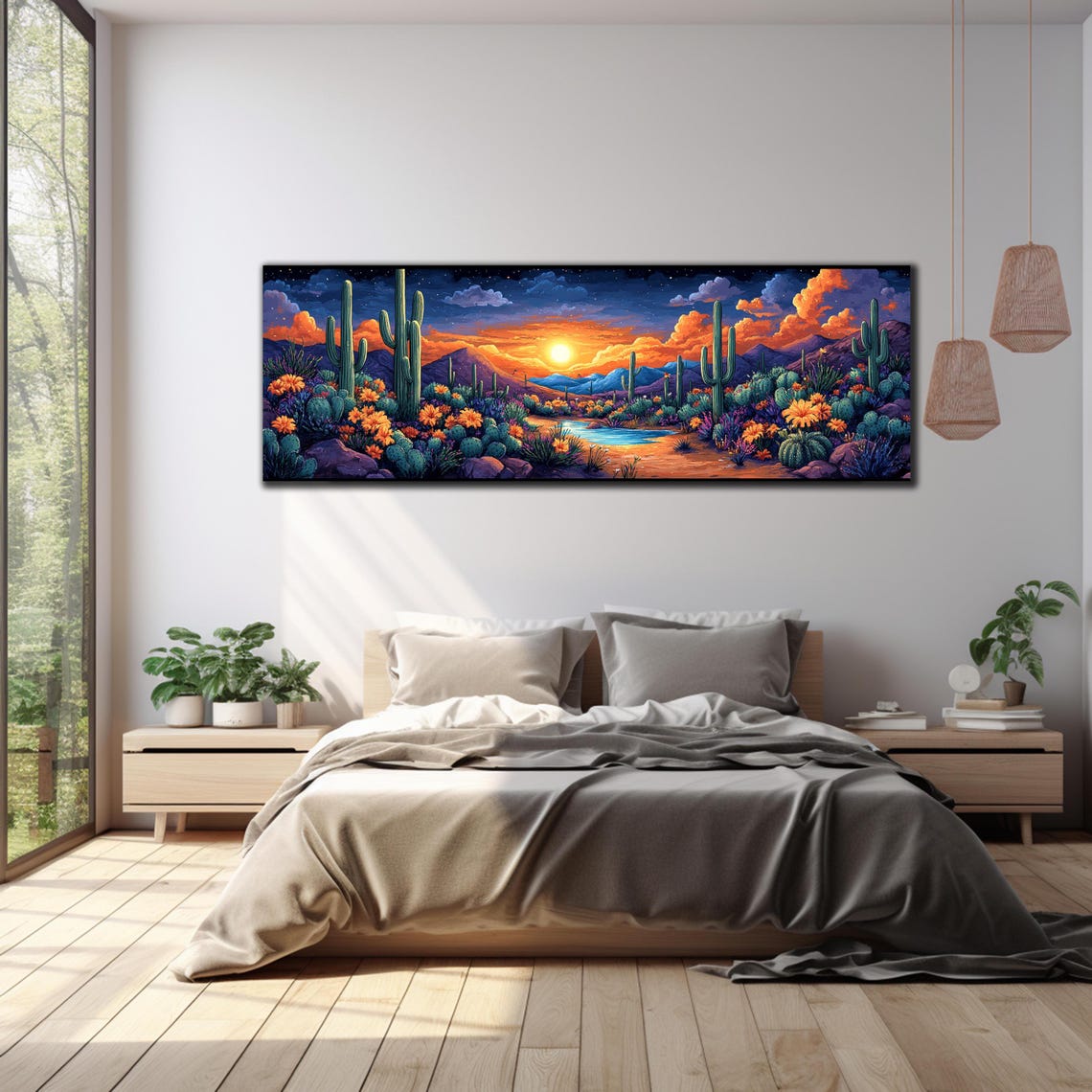 Blooming Desert Sunset Saguaro Cacti Wildflowers Pond Panoramic Poster - Image 3
