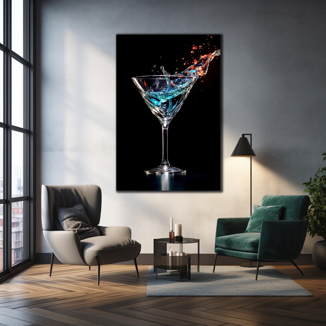 Martini Glass Splash Cocktail Art Blue Orange Liquid Black Background Bar Print - Image 4