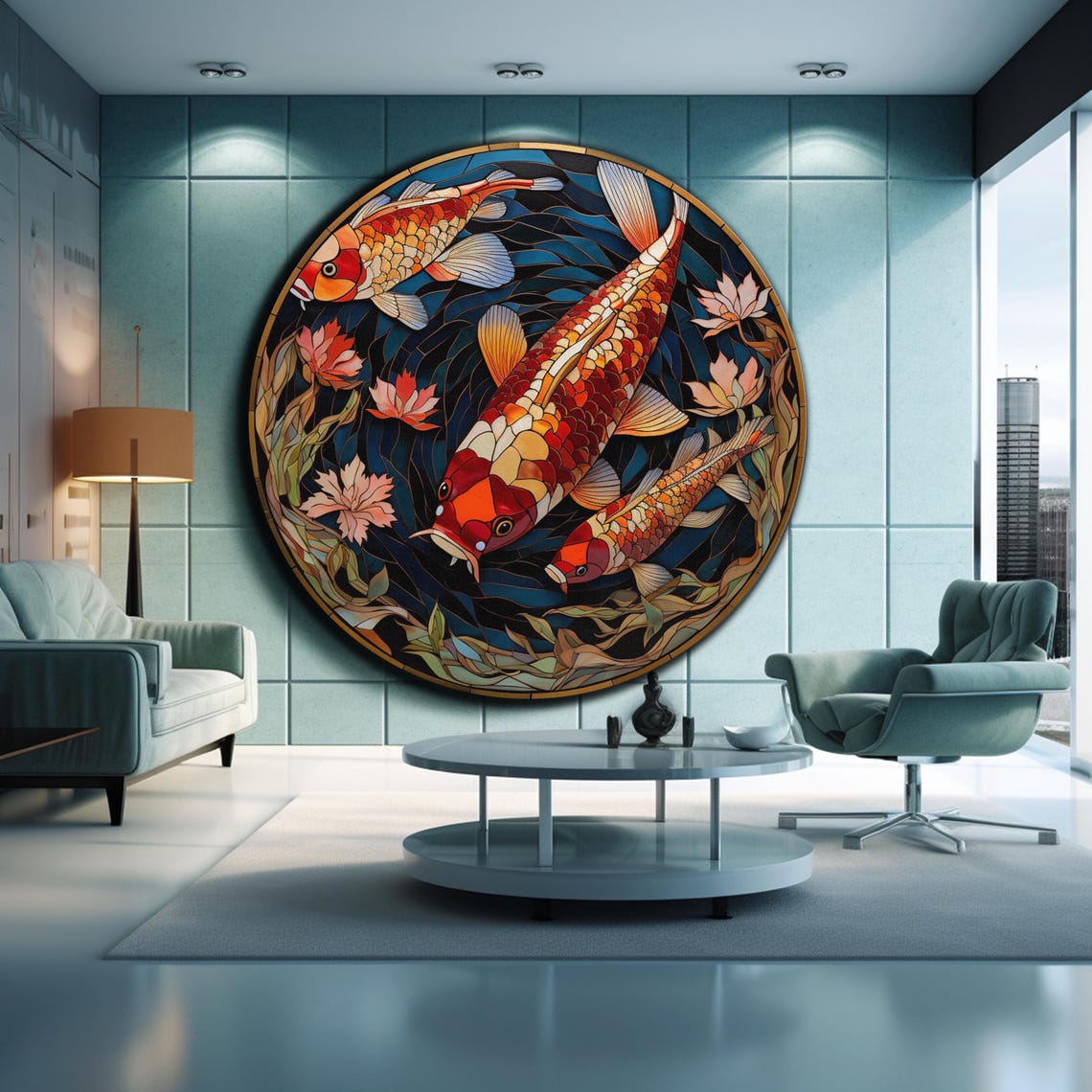 Koi Fish Stained Glass Round Lotus Pond Japanese Style Wall Art Poster - Image 2