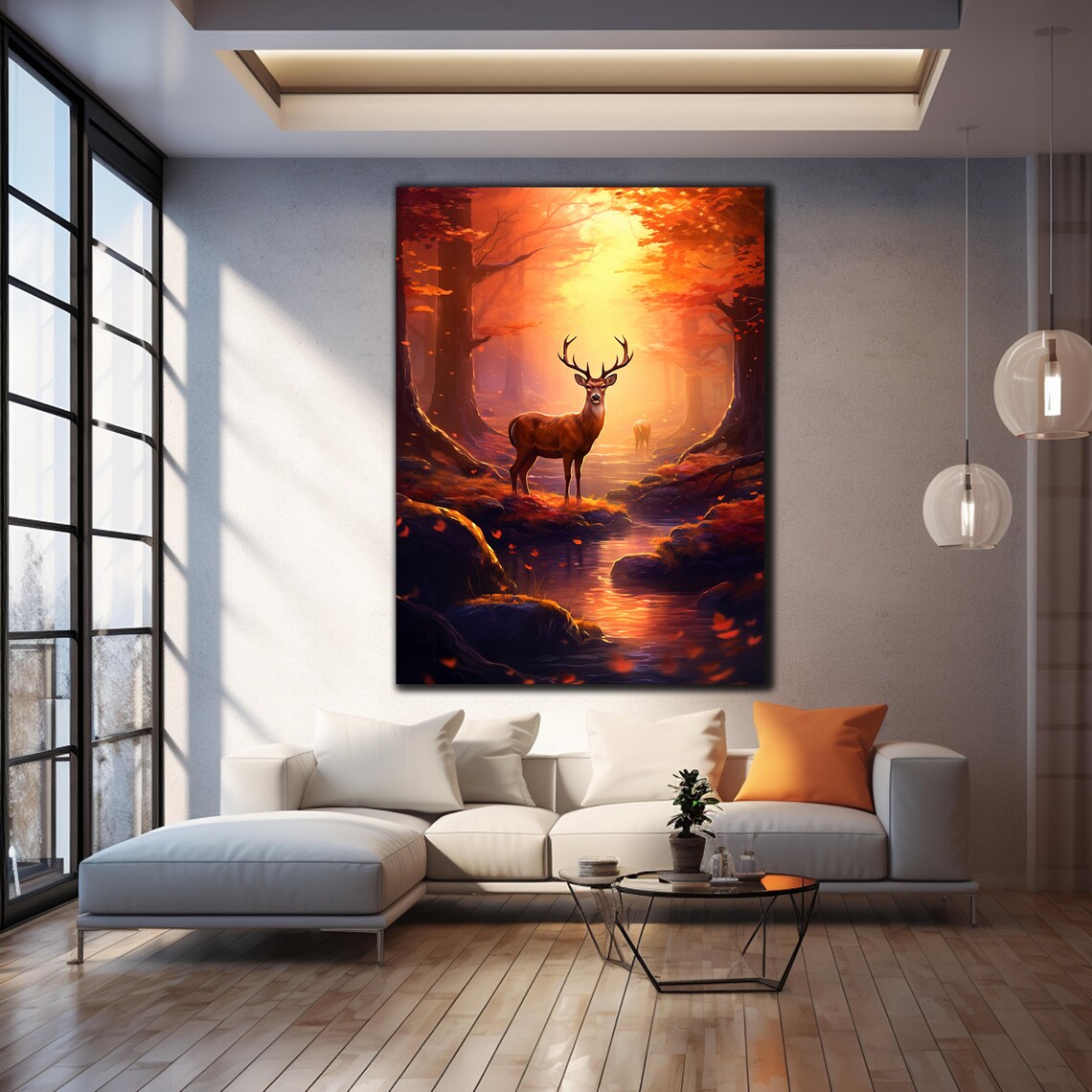 Stag Glass Wall Art Autumn Forest Red Orange Foliage Sunset Stream Decor Print - Image 4