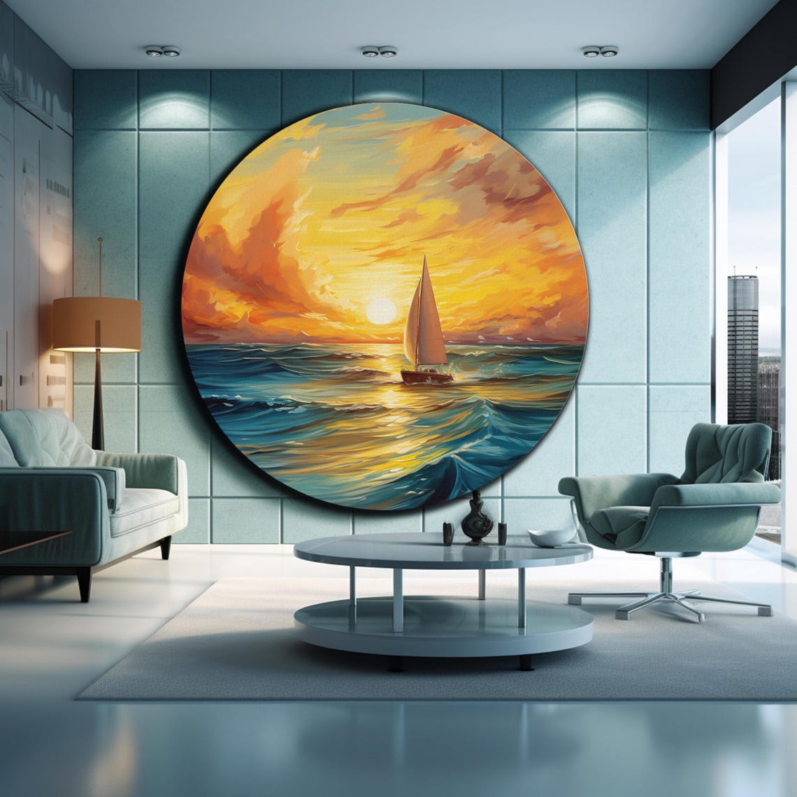 Sailboat Sunset Golden Sky Blue Ocean Waves Round Glass Wall Art - Image 2