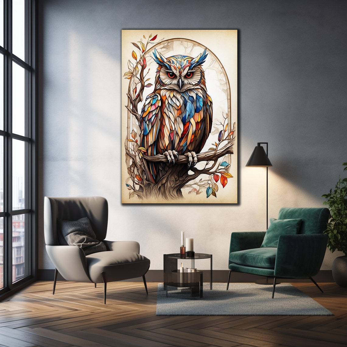 Mosaic Owl Branch Perched Colorful Feathers Autumn Art Wall Poster - Image 3