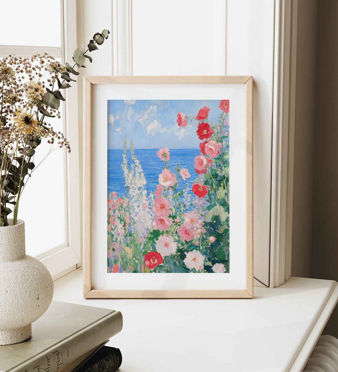 Hollyhocks Overlooking Blue Ocean Impressionist Coastal Wall Art - Image 2