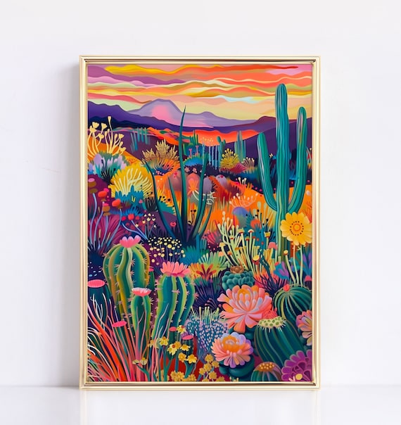 Vivid Desert Sunset Saguaro Cacti Mountains Psychedelic Art Poster