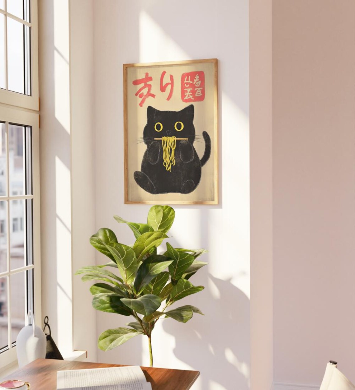 Black Cat Slurping Ramen Noodles Japanese Text Red Seal Cute Poster - Image 2