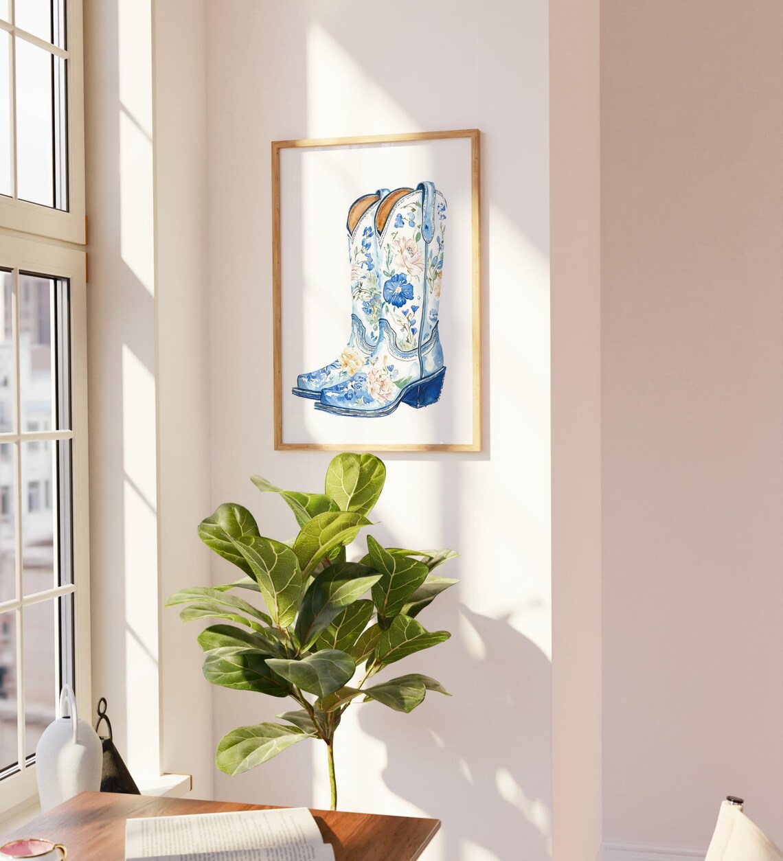 Blue Floral Watercolor Cowboy Boots Chinoiserie Style Poster - Image 3