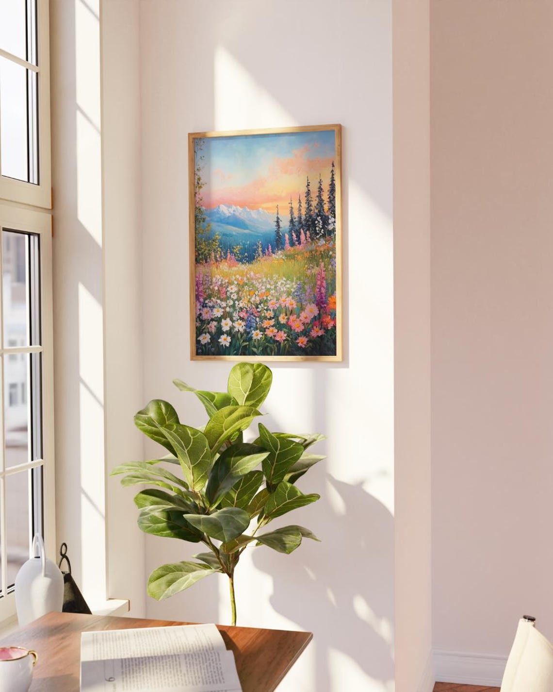 Wildflower Meadow Sunset Snowy Mountains Pine Forest Art Print - Image 2