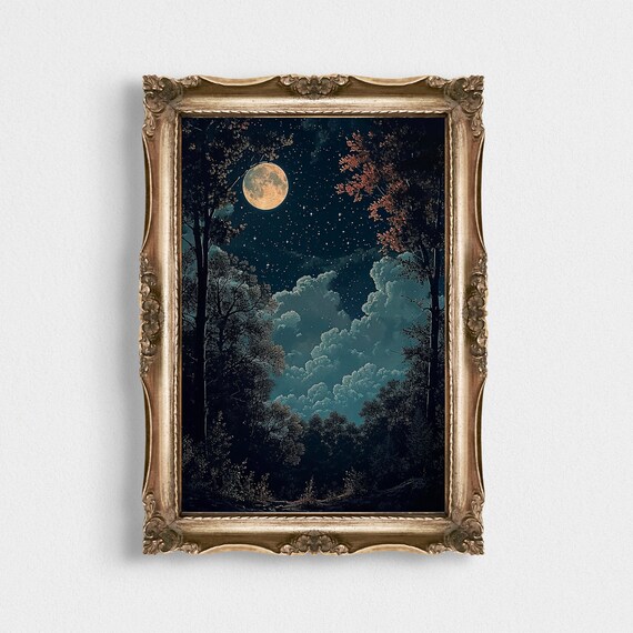Full Moon Over Autumn Forest Red Trees Starry Night Art Poster