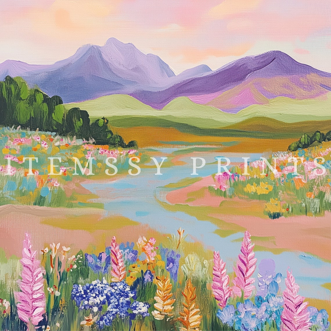 Pastel Mountain River Lupine Meadow Colorful Scenic Landscape Poster - Image 2