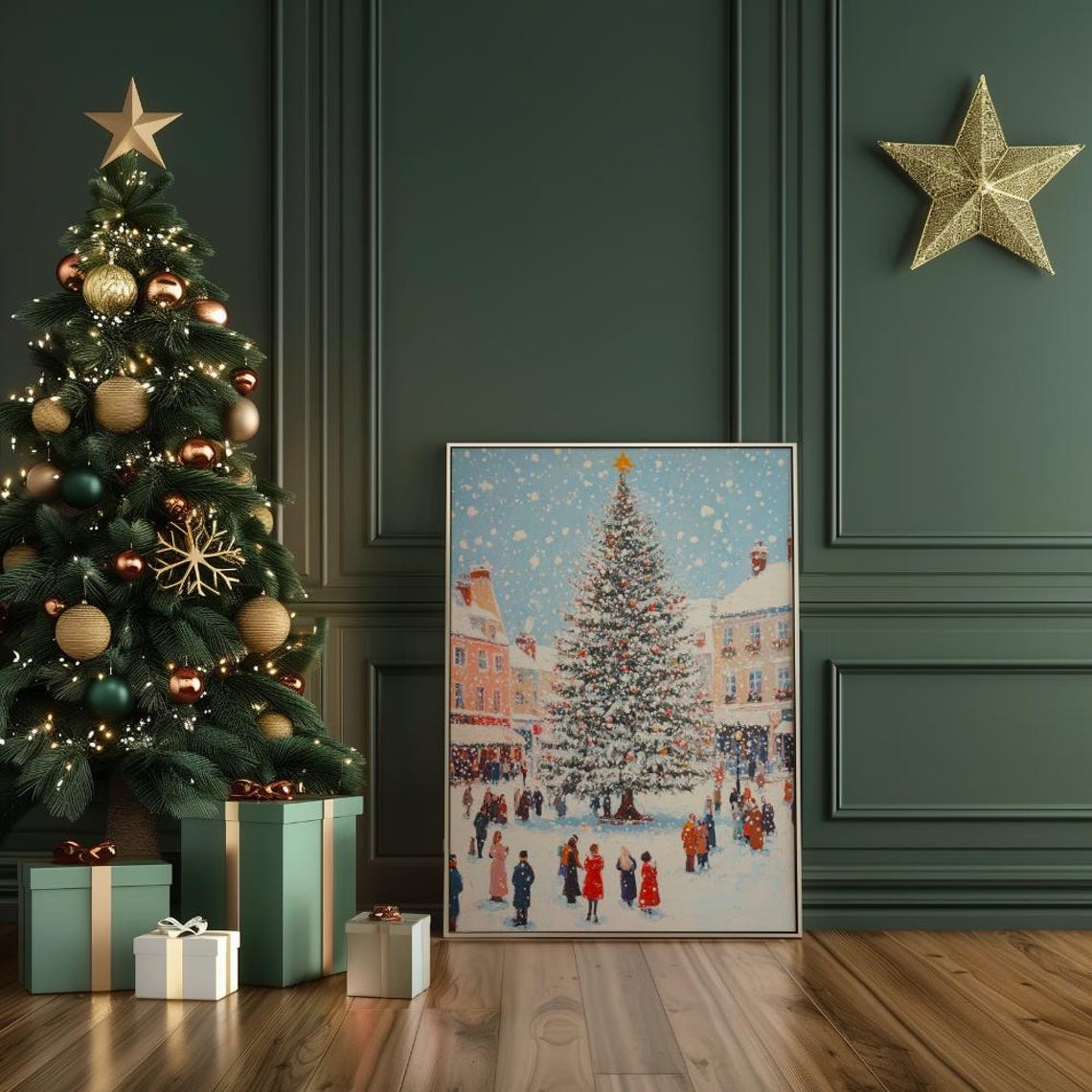 Snowy Town Square With Grand Christmas Tree Gathering Poster - Image 4