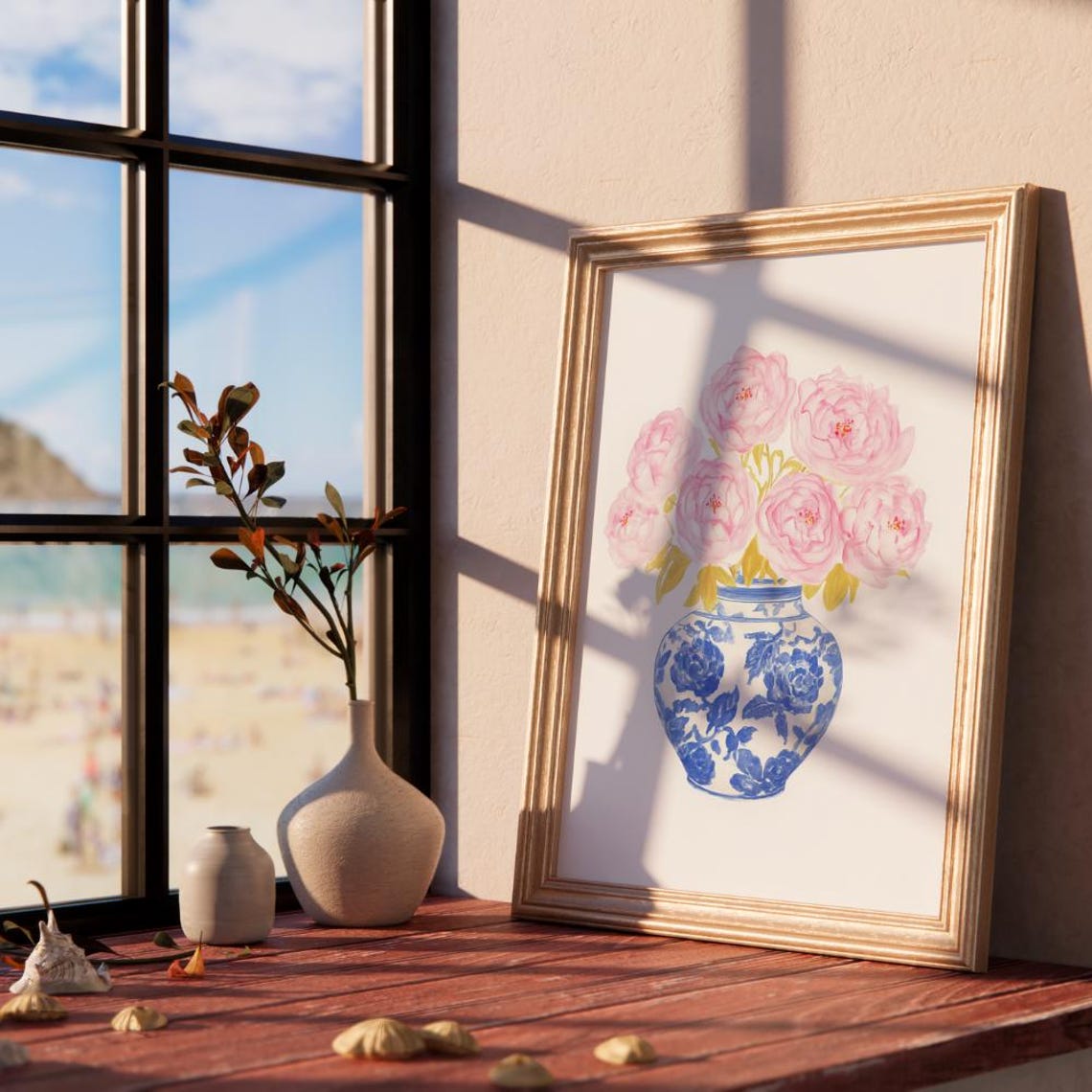 Pink Peonies in Blue White Chinoiserie Vase Watercolor Art Print - Image 2
