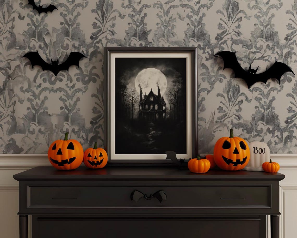 Haunted House Full Moon Painting Dark Gothic Halloween Art Poster - Image 3