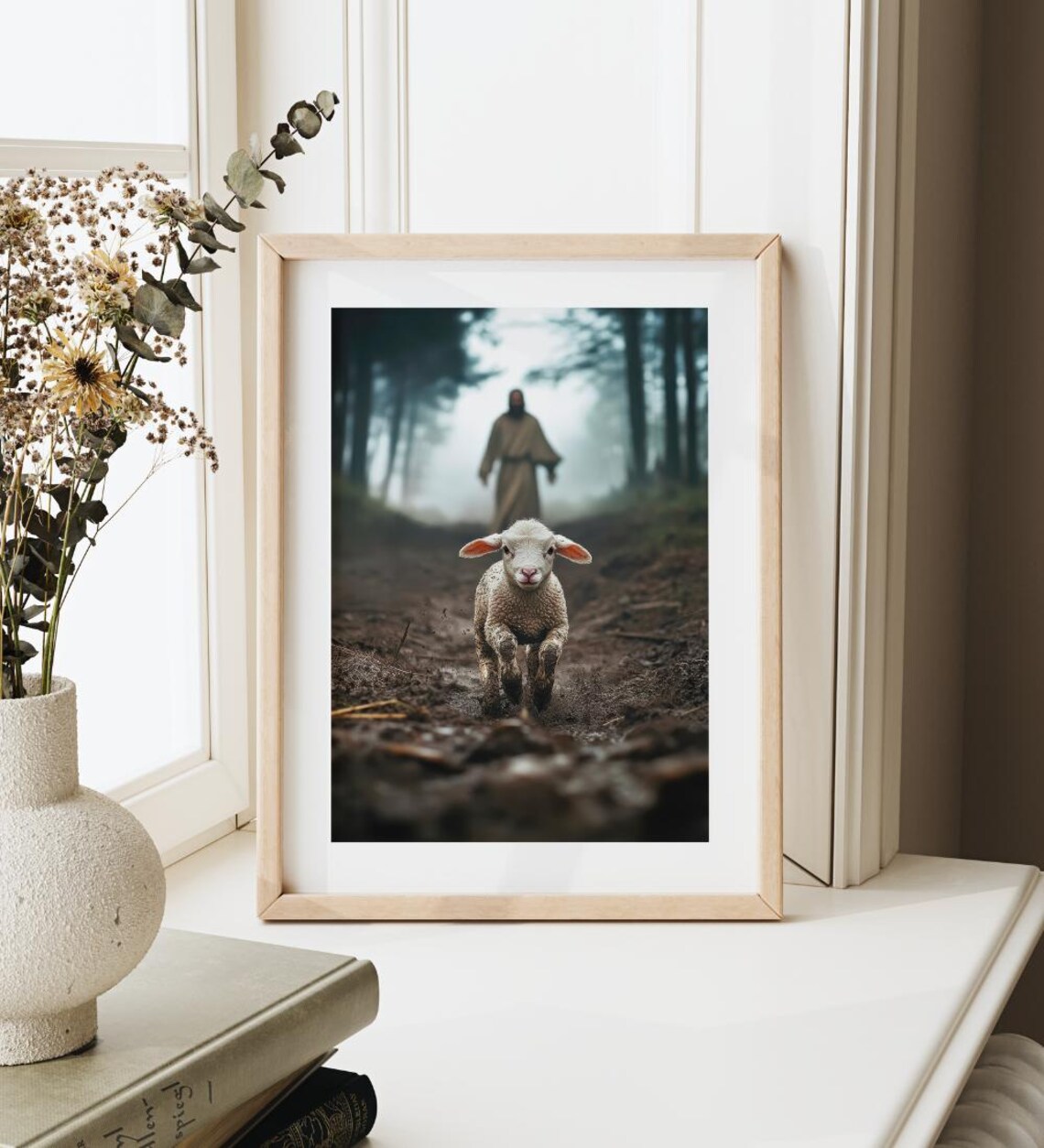 Little Lamb Running To Jesus In Misty Forest Clearing Poster - Image 4