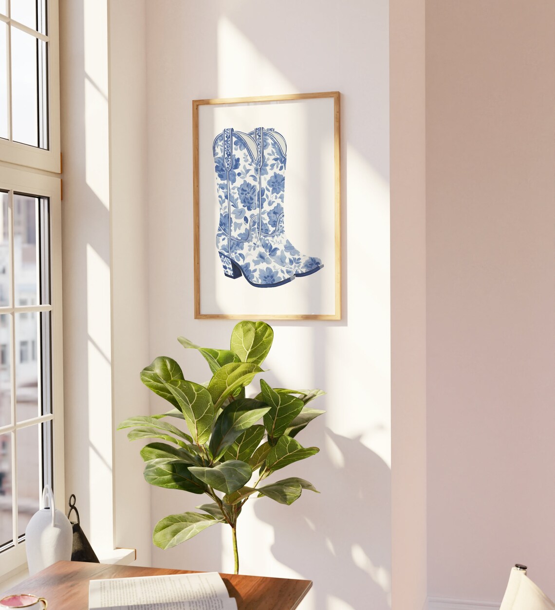 Blue Floral Cowboy Boots Chinoiserie Western Chic Decor Poster - Image 2