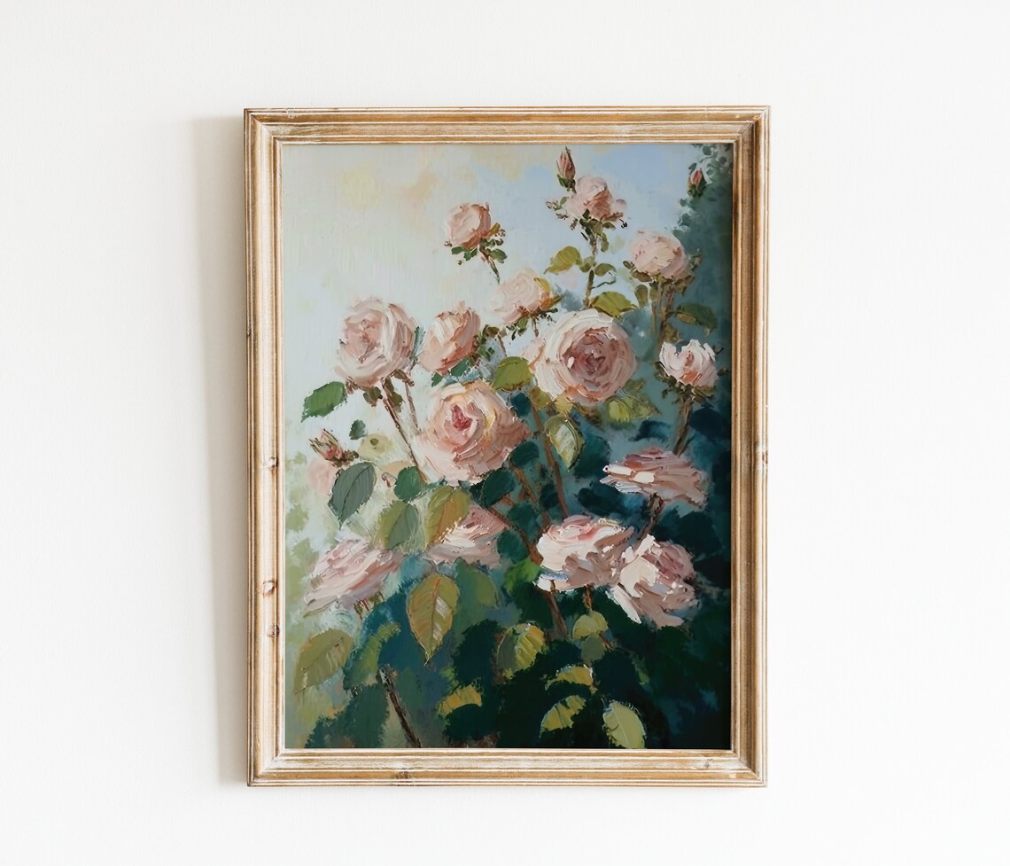 Climbing Pink Roses Vintage Garden Oil Painting Charm Art Poster