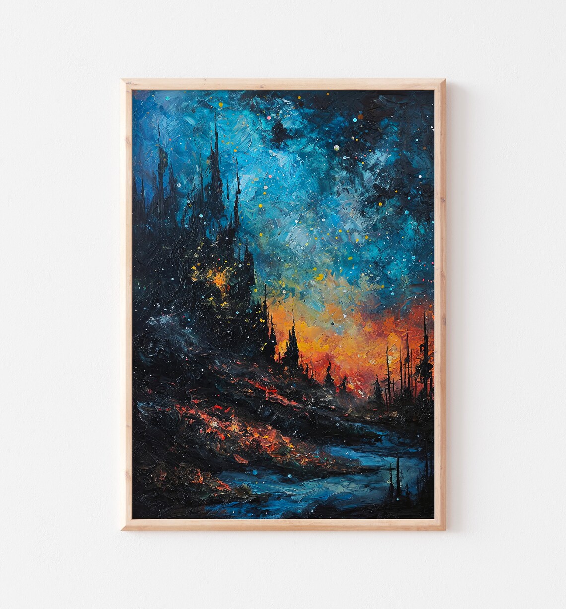 Abstract Starry Night Impasto Fiery Orange Horizon Painting Poster - Image 2