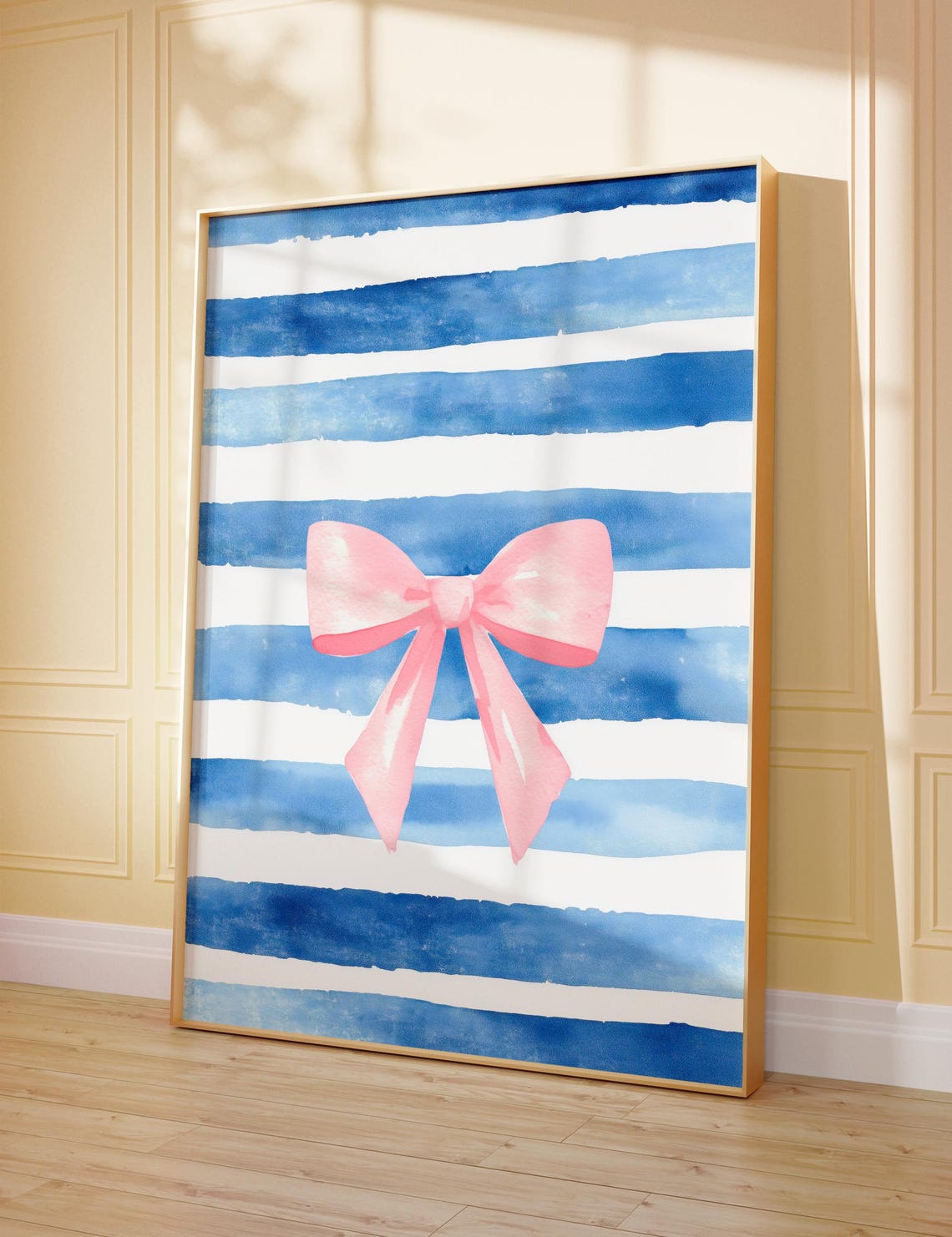 Pink Bow on Blue Stripes Watercolor Preppy Coastal Chic Wall Art - Image 2