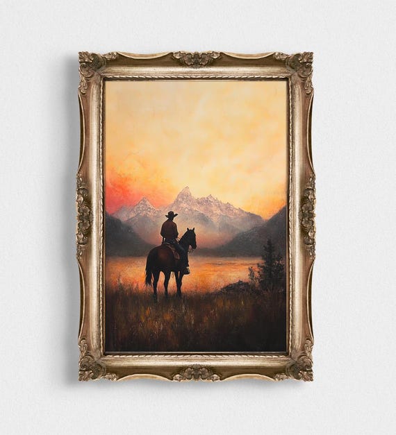 Vintage Cowboy Landscape Oil Painting Western Wall Art Decor Mid Century Rustic Southwest Style Unique Gift For Western Art Lovers