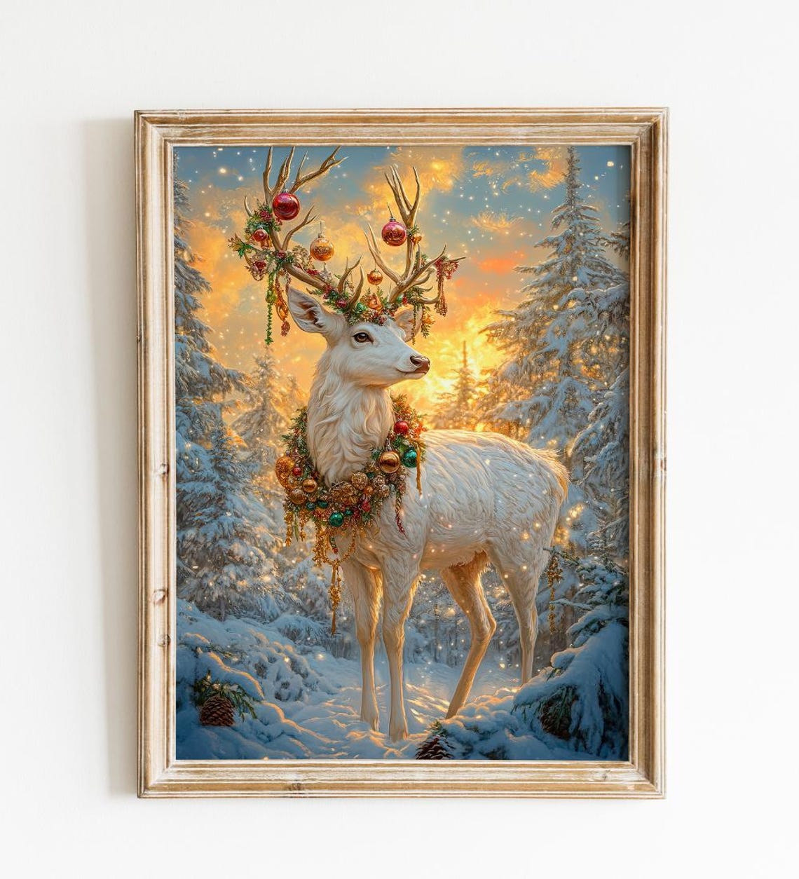 White Reindeer With Ornament Antlers In Snowy Forest Sunset Poster - Image 3