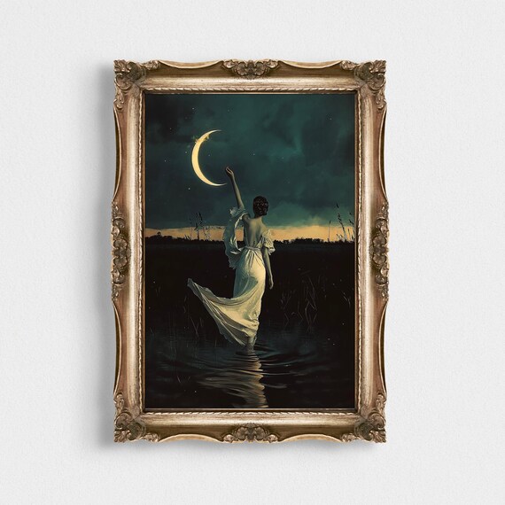 Moonlit Woman Reaching for the Crescent Moon Dark Academia Print